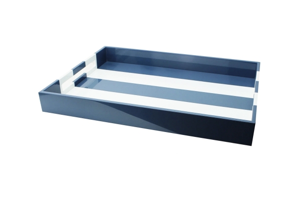 DENIM BLUE STRIPED LARGE LACQUERED OTTOMAN TRAY