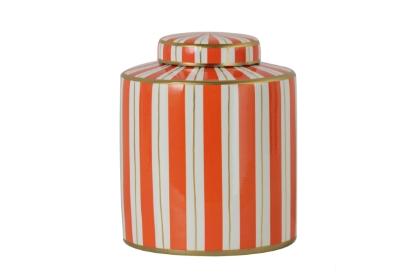 WHITE/ORANGE/GOLD CERAMIC LIDDED JAR 'STRIPE' LARGE