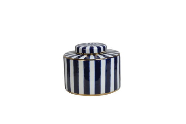 WHITE/BLUE CERAMIC LIDDED JAR 'STRIPE'