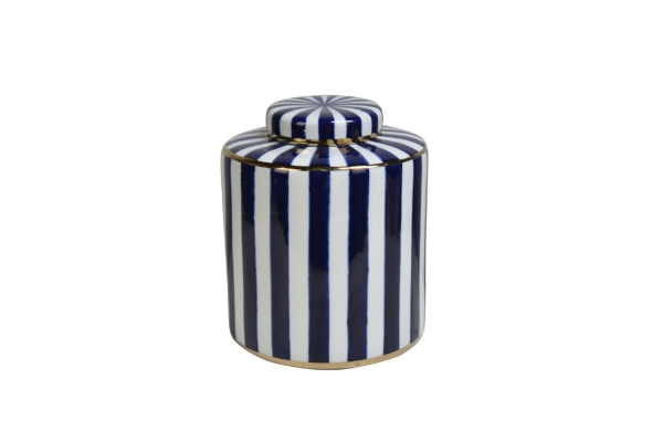 WHITE/BLUE CERAMIC LIDDED JAR 'STRIPE' L